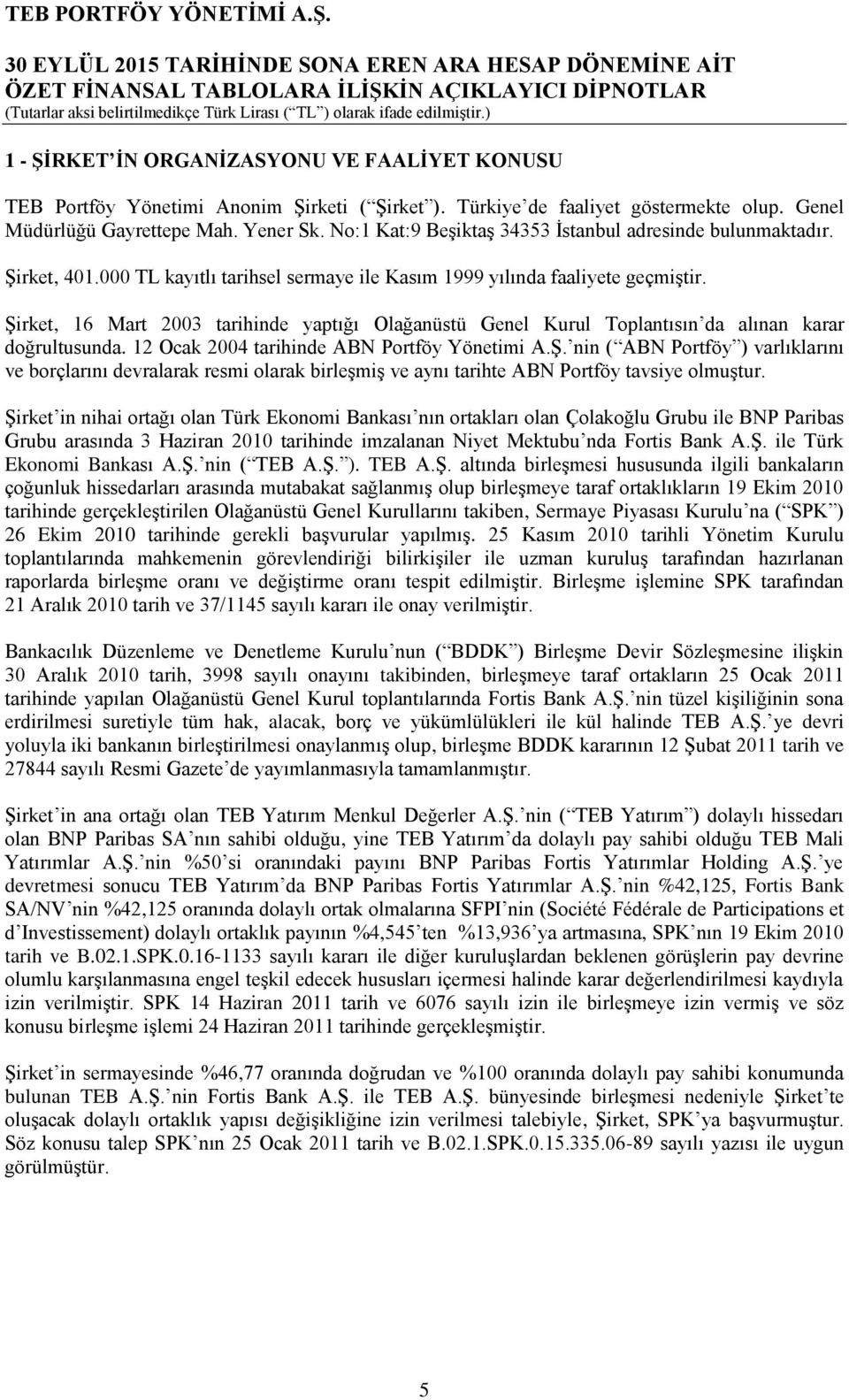 Şirket, 16 Mart 2003 tarihinde yaptığı Olağanüstü Genel Kurul Toplantısın da alınan karar doğrultusunda. 12 Ocak 2004 tarihinde ABN Portföy Yönetimi A.Ş. nin ( ABN Portföy ) varlıklarını ve borçlarını devralarak resmi olarak birleşmiş ve aynı tarihte ABN Portföy tavsiye olmuştur.