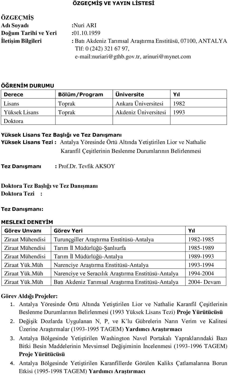 com ÖĞRENİM DURUMU Derece Bölüm/Program Üniversite Yıl Lisans Toprak Ankara Üniversitesi 1982 Yüksek Lisans Toprak Akdeniz Üniversitesi 1993 Doktora Yüksek Lisans Tez Başlığı ve Tez Danışmanı Yüksek