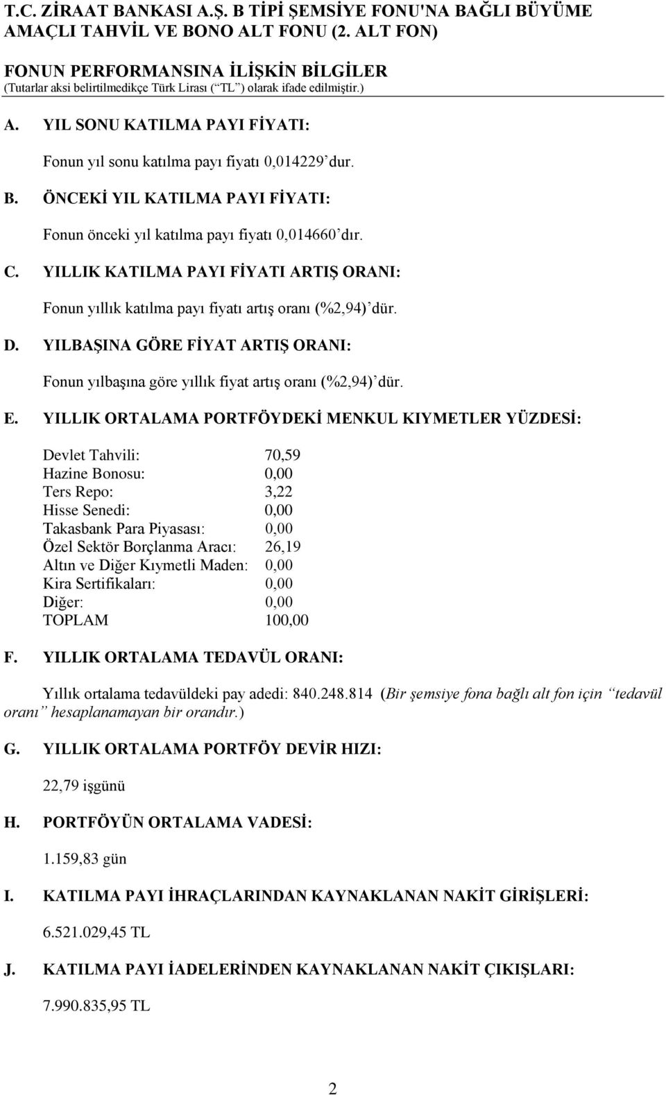 YILLIK ORTALAMA PORTFÖYDEKİ MENKUL KIYMETLER YÜZDESİ: Devlet Tahvili: 70,59 Hazine Bonosu: 0,00 Ters Repo: 3,22 Hisse Senedi: 0,00 Takasbank Para Piyasası: 0,00 Özel Sektör Borçlanma Aracı: 26,19