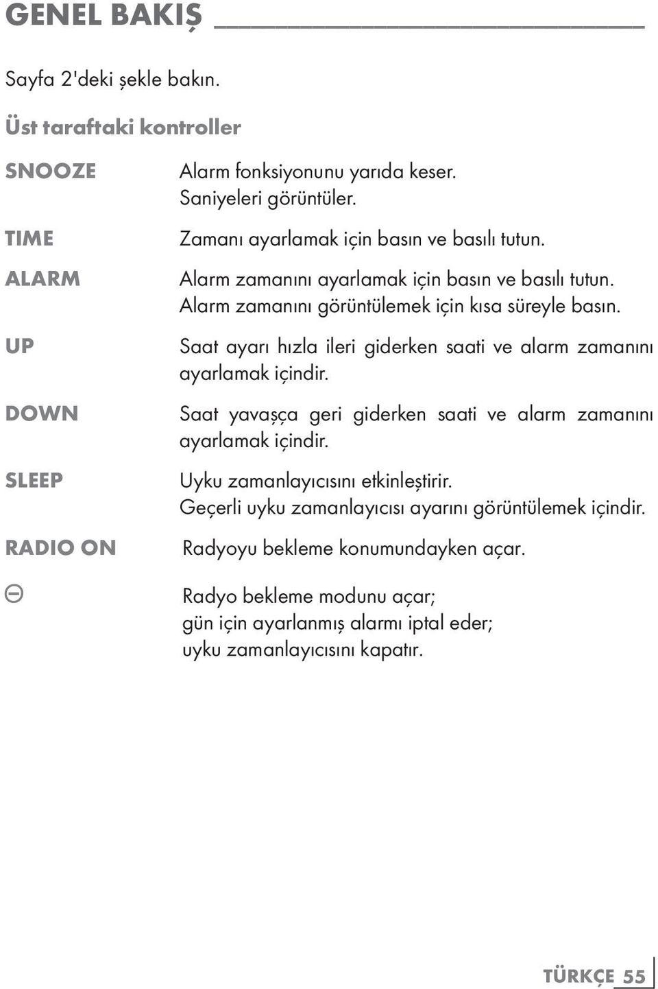 Saat ayarı hızla ileri giderken saati ve alarm zamanını ayarlamak içindir. Saat yavaşça geri giderken saati ve alarm zamanını ayarlamak içindir.