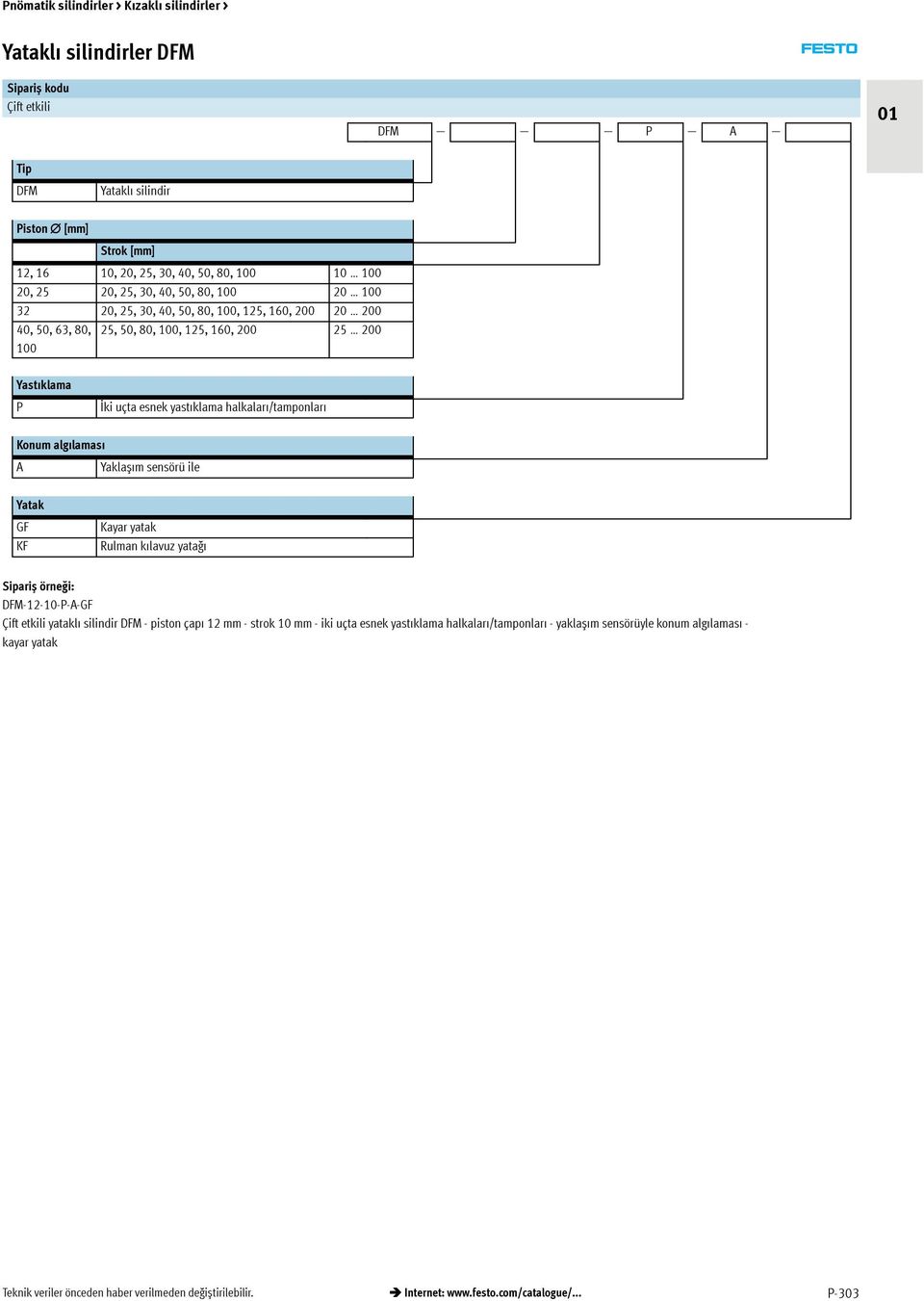 Yaklașımsensörüile Yatak GF KF Kayar yatak Rulman kılavuz yatağı Sipariș örneği: DFM-12-10-P-A-GF Çift etkili yataklı silindir DFM - piston çapı 12 mm - strok 10 mm - iki uçta