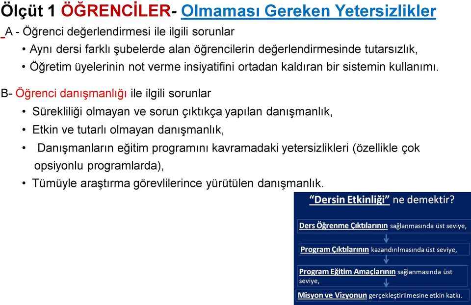 B- Öğrenci danışmanlığı ile ilgili sorunlar Sürekliliği olmayan ve sorun çıktıkça yapılan danışmanlık, Etkin ve tutarlı olmayan