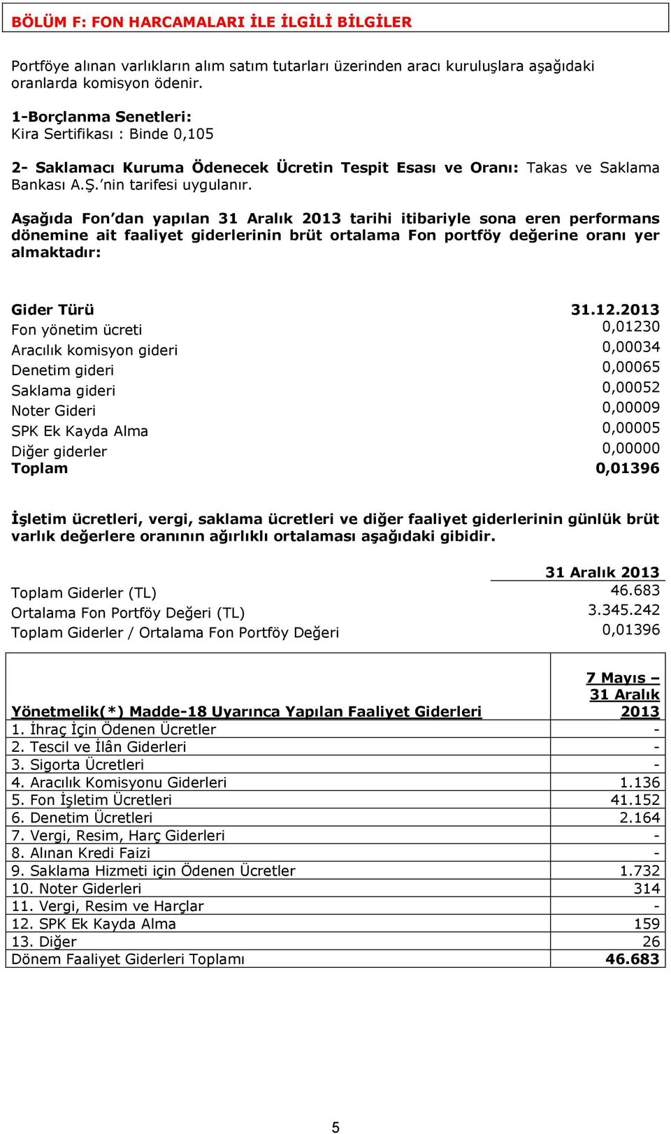 Aşağıda Fon dan yapılan 31 Aralık 2013 tarihi itibariyle sona eren performans dönemine ait faaliyet giderlerinin brüt ortalama Fon portföy değerine oranı yer almaktadır: Gider Türü 31.12.