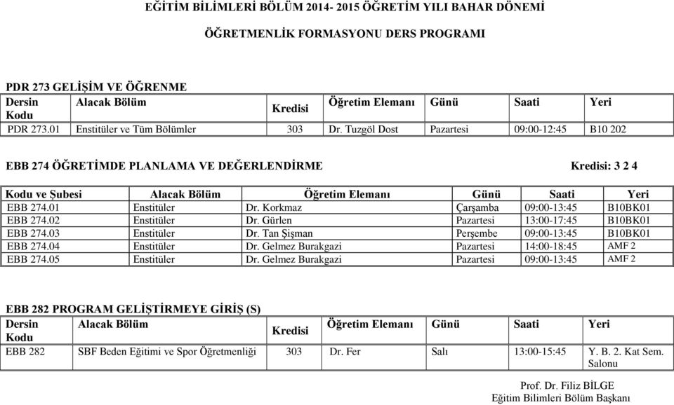 Korkmaz Çarşamba 09:00-13:45 B10BK01 EBB 274.02 Enstitüler Dr. Gürlen Pazartesi 13:00-17:45 B10BK01 EBB 274.03 Enstitüler Dr. Tan Şişman Perşembe 09:00-13:45 B10BK01 EBB 274.