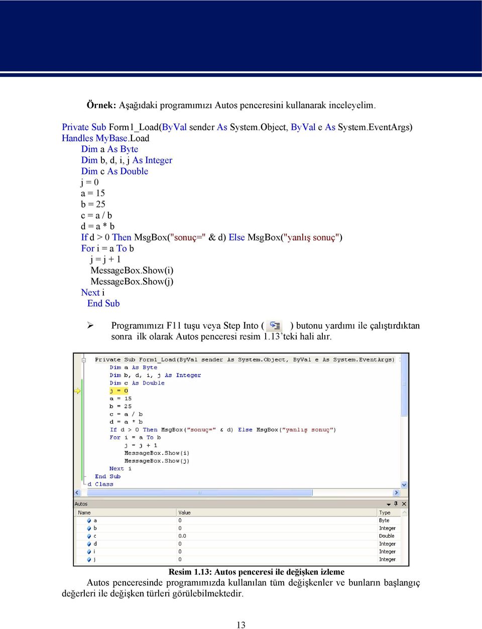 j + 1 MessageBox.Show(i) MessageBox.Show(j) Next i End Sub Programımızı F11 tuşu veya Step Into ( ) butonu yardımı ile çalıştırdıktan sonra ilk olarak Autos penceresi resim 1.