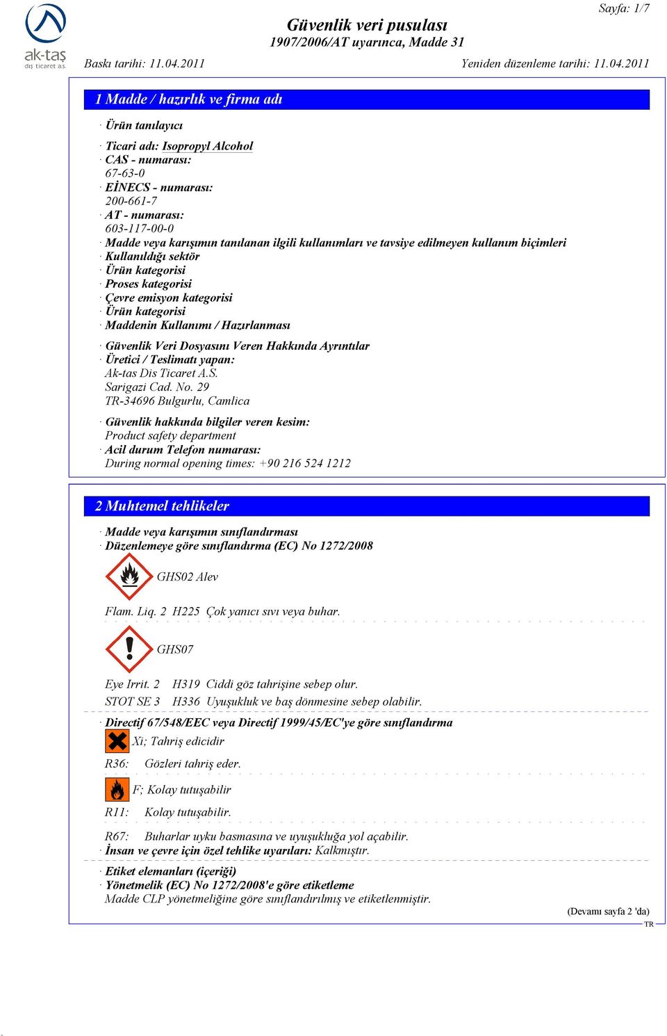 Hakkında Ayrıntılar Üretici / Teslimatı yapan: Ak-tas Dis Ticaret A.S. Sarigazi Cad. No.