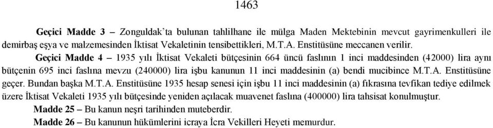 Geçici Madde 4 1935 yılı İktisat Vekaleti bütçesinin 664 üncü faslının 1 inci maddesinden (42000) lira aynı bütçenin 695 inci faslına mevzu (240000) lira işbu kanunun 11 inci maddesinin (a) bendi