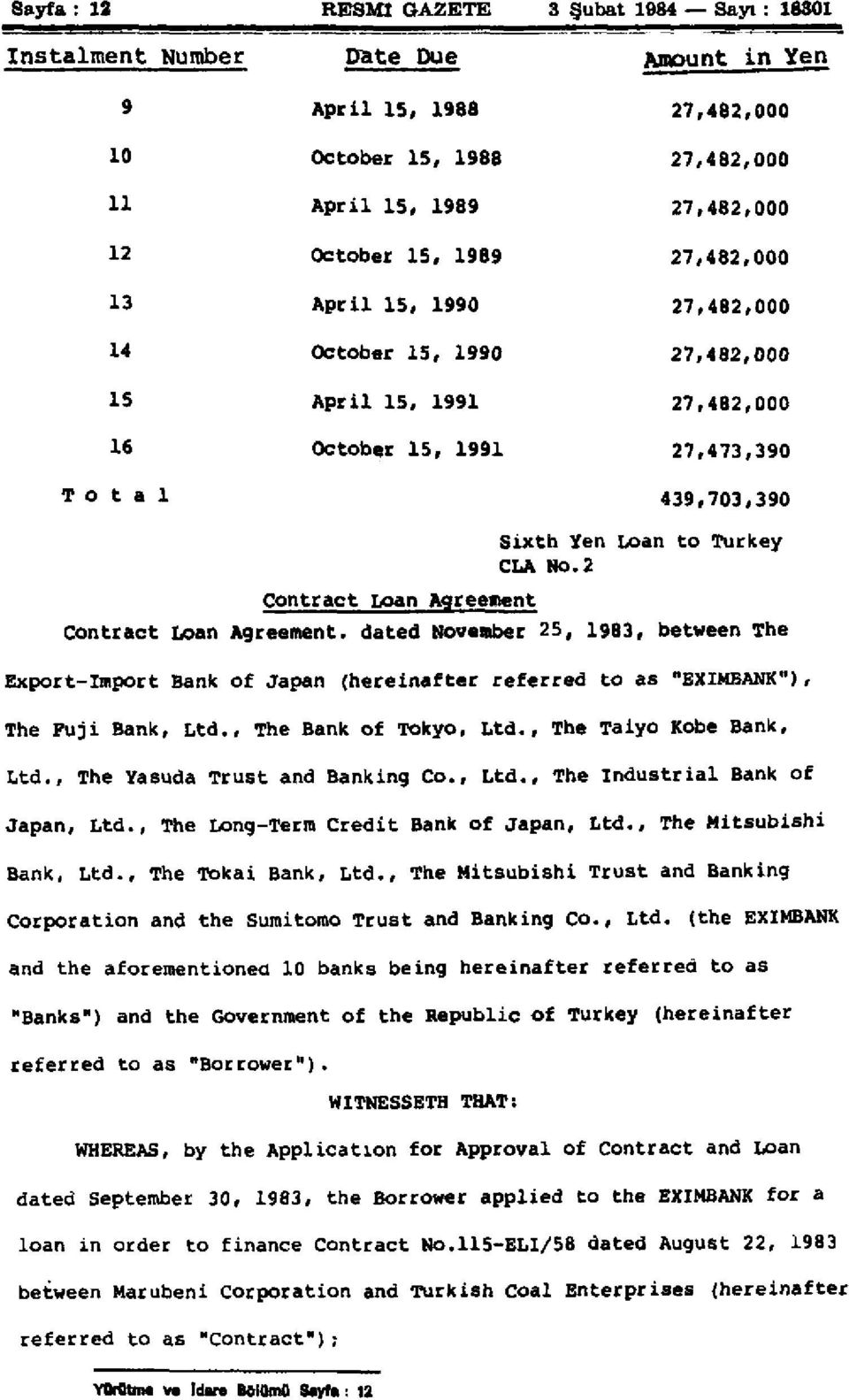 2 Turkey Contract Loan Agreement Contract Loan Agreement, dated November 25, 1983, between The Export-Import Bank of Japan (hereinafter referred to as "EXIMBANK"), The Fuji Bank, Ltd.