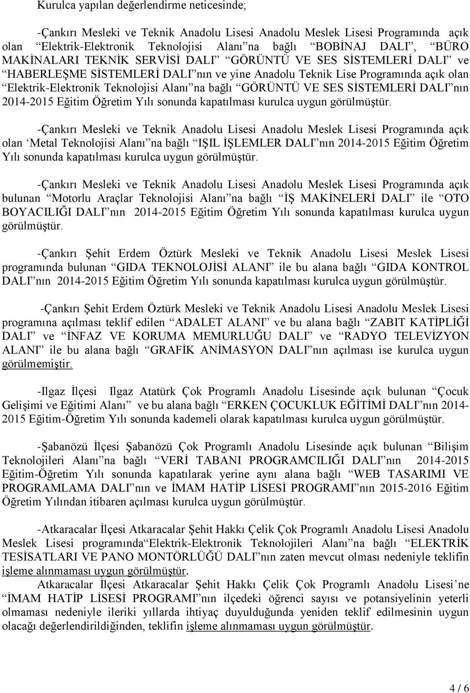 kapatılması kurulca uygun görülmüştür. olan Metal Teknolojisi Alanı na bağlı IŞIL İŞLEMLER DALI nın 2014-2015 Eğitim Öğretim Yılı sonunda kapatılması kurulca uygun görülmüştür.