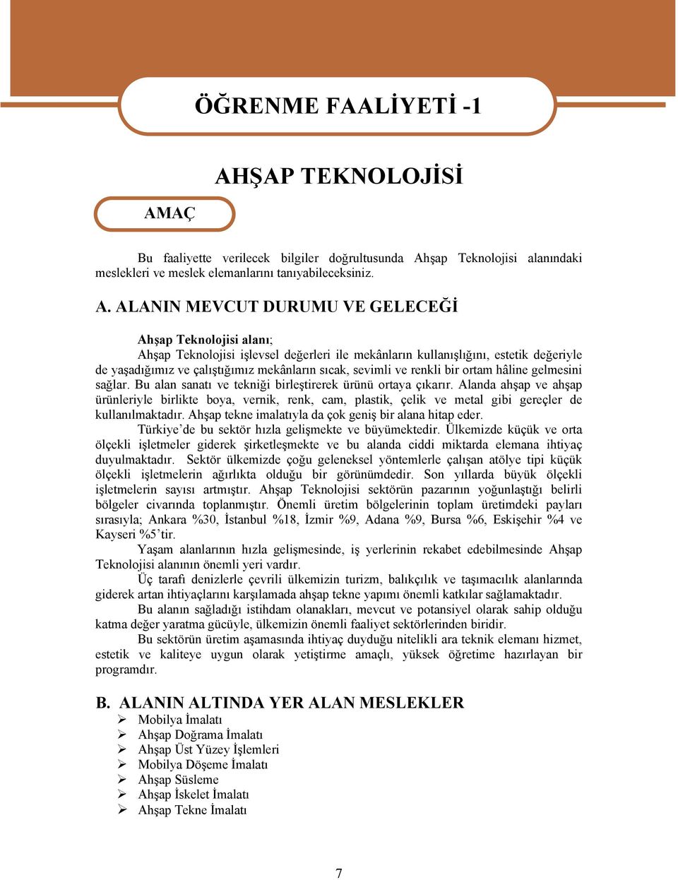 Teknolojisi alanı; Ahşap Teknolojisi işlevsel değerleri ile mekânların kullanışlığını, estetik değeriyle de yaşadığımız ve çalıştığımız mekânların sıcak, sevimli ve renkli bir ortam hâline gelmesini