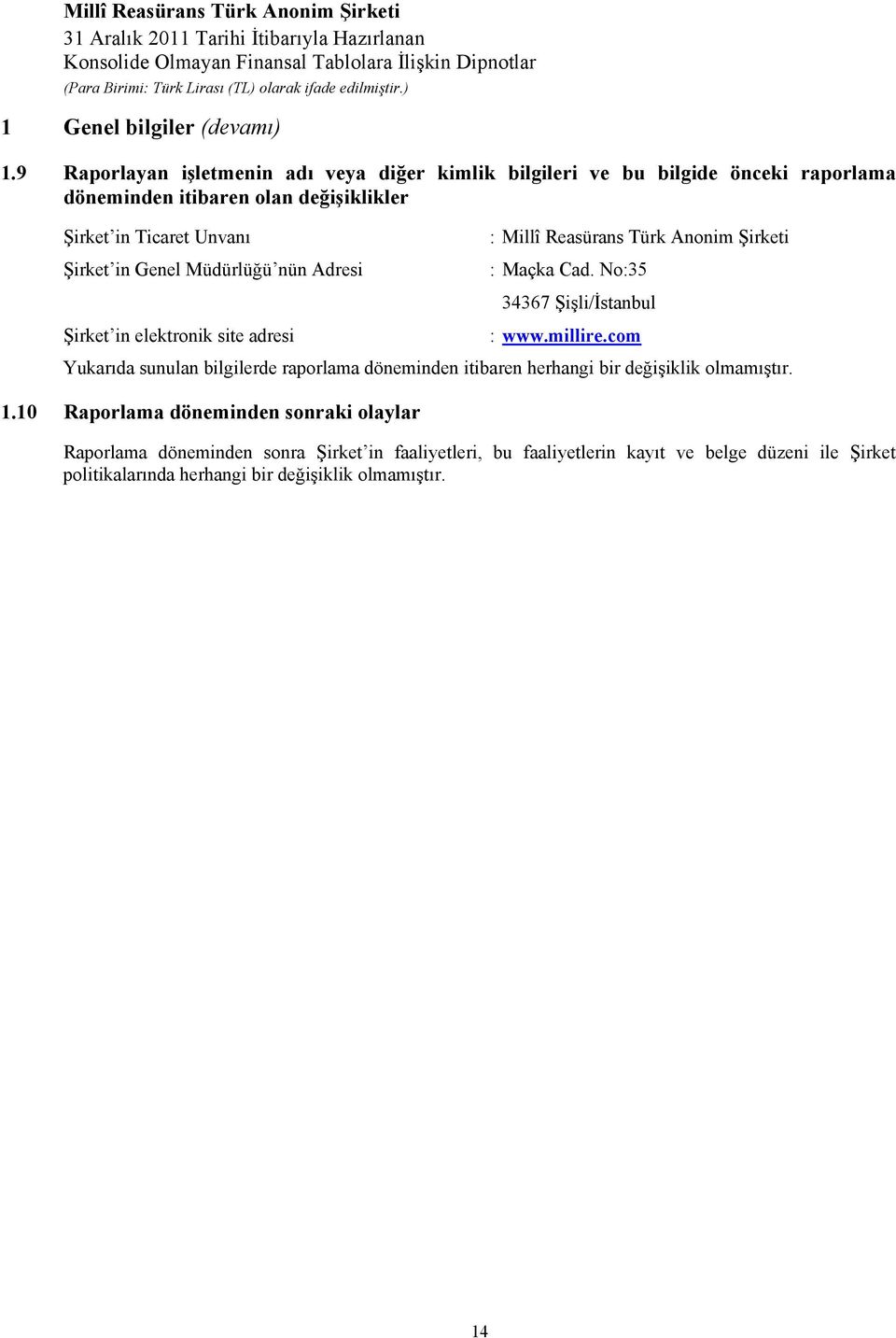 in Genel Müdürlüğü nün Adresi : Millî Reasürans Türk Anonim Şirketi : Maçka Cad. No:35 34367 Şişli/İstanbul Şirket in elektronik site adresi : www.millire.