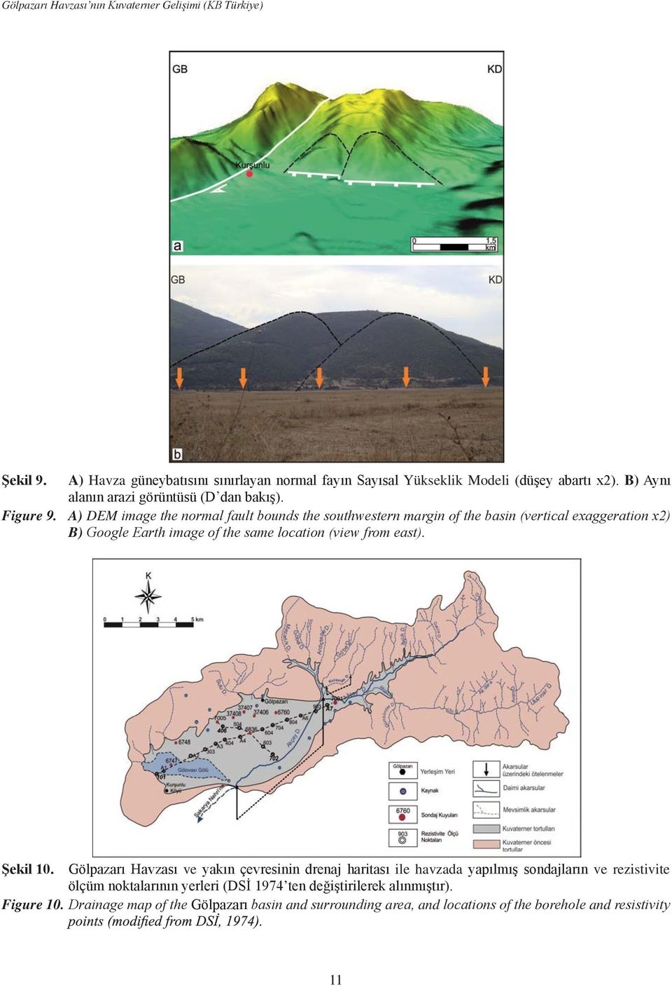 A) DEM image the normal fault bounds the southwestern margin of the basin (vertical exaggeration x2) B) Google Earth image of the same location (view from east).