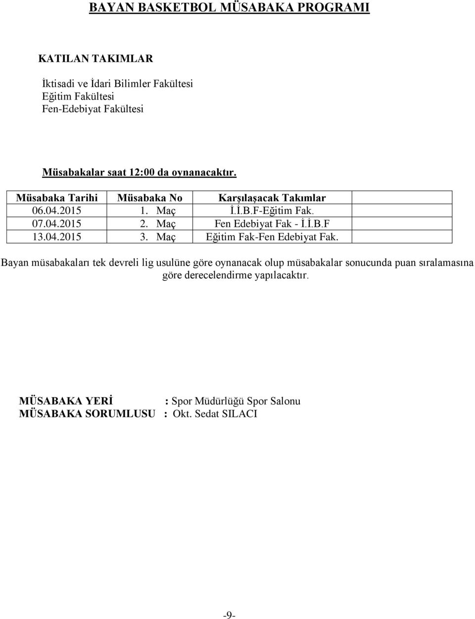 Maç Fen Edebiyat Fak - Ġ.Ġ.B.F 13.04.2015 3. Maç Eğitim Fak-Fen Edebiyat Fak.