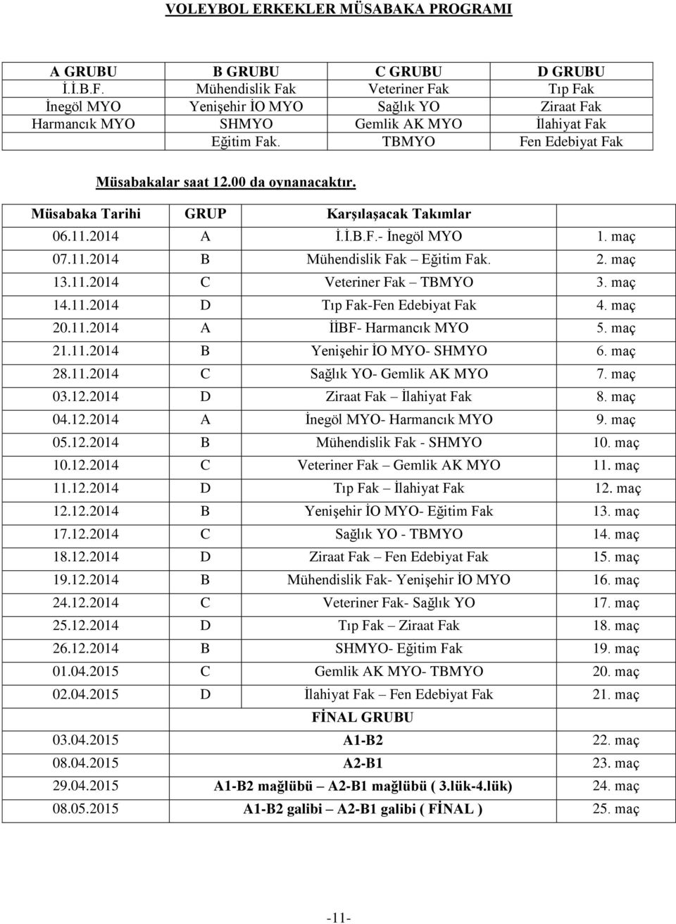 00 da oynanacaktır. Müsabaka Tarihi GRUP KarĢılaĢacak Takımlar 06.11.2014 A Ġ.Ġ.B.F.- Ġnegöl MYO 1. maç 07.11.2014 B Mühendislik Fak Eğitim Fak. 2. maç 13.11.2014 C Veteriner Fak TBMYO 3. maç 14.11.2014 D Tıp Fak-Fen Edebiyat Fak 4.