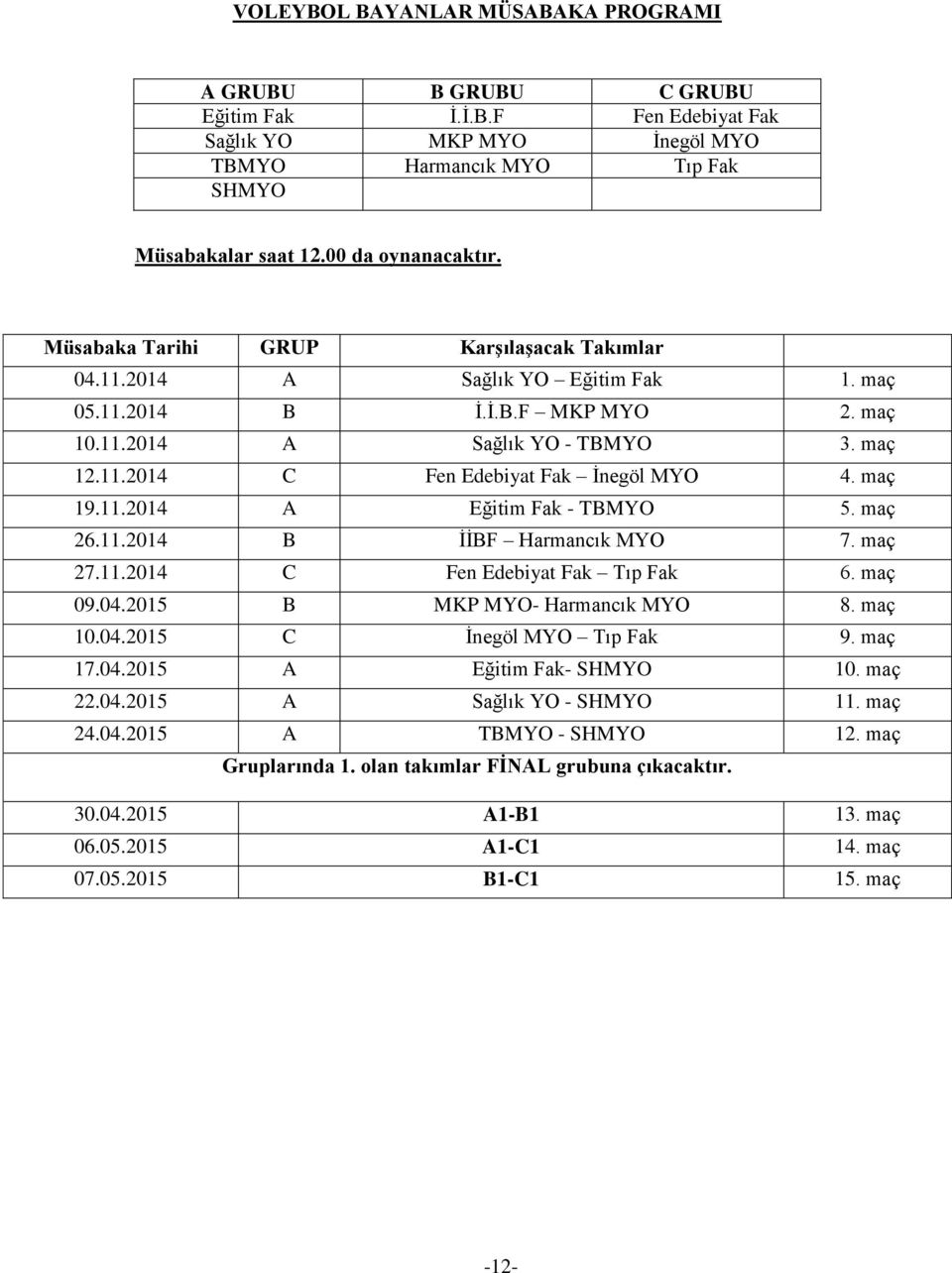 maç 19.11.2014 A Eğitim Fak - TBMYO 5. maç 26.11.2014 B ĠĠBF Harmancık MYO 7. maç 27.11.2014 C Fen Edebiyat Fak Tıp Fak 6. maç 09.04.2015 B MKP MYO- Harmancık MYO 8. maç 10.04.2015 C Ġnegöl MYO Tıp Fak 9.