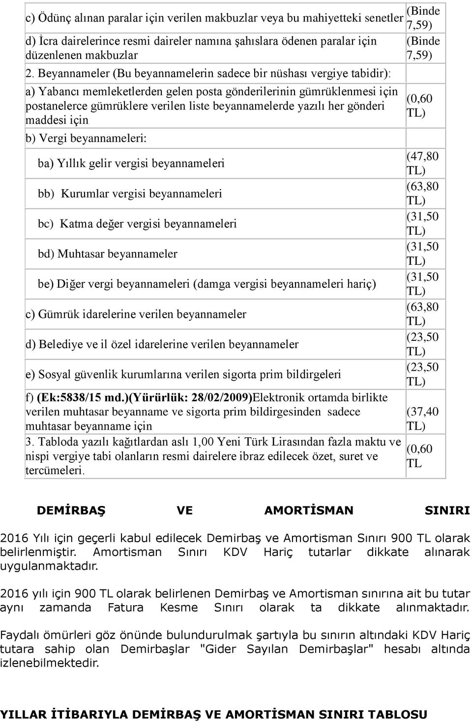 yazılı her gönderi maddesi için b) Vergi beyannameleri: ba) Yıllık gelir vergisi beyannameleri bb) Kurumlar vergisi beyannameleri bc) Katma değer vergisi beyannameleri bd) Muhtasar beyannameler be)