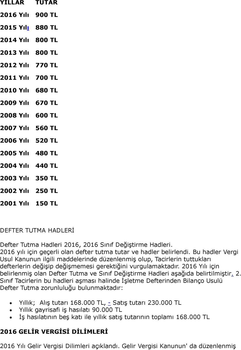 2016 yılı için geçerli olan defter tutma tutar ve hadler belirlendi.