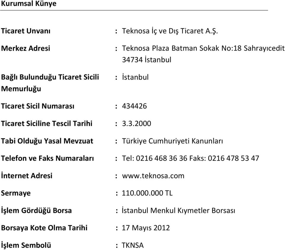 734 İstanbul : İstanbul Ticaret Sicil Numarası : 434426 Ticaret Siciline Tescil Tarihi : 3.3.2000 Tabi Olduğu Yasal Mevzuat : Türkiye