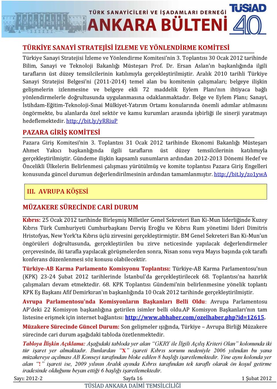 Aralık 2010 tarihli Türkiye Sanayi Stratejisi Belgesi ni (2011-2014) temel alan bu komitenin çalışmaları; belgeye ilişkin gelişmelerin izlenmesine ve belgeye ekli 72 maddelik Eylem Planı nın ihtiyaca