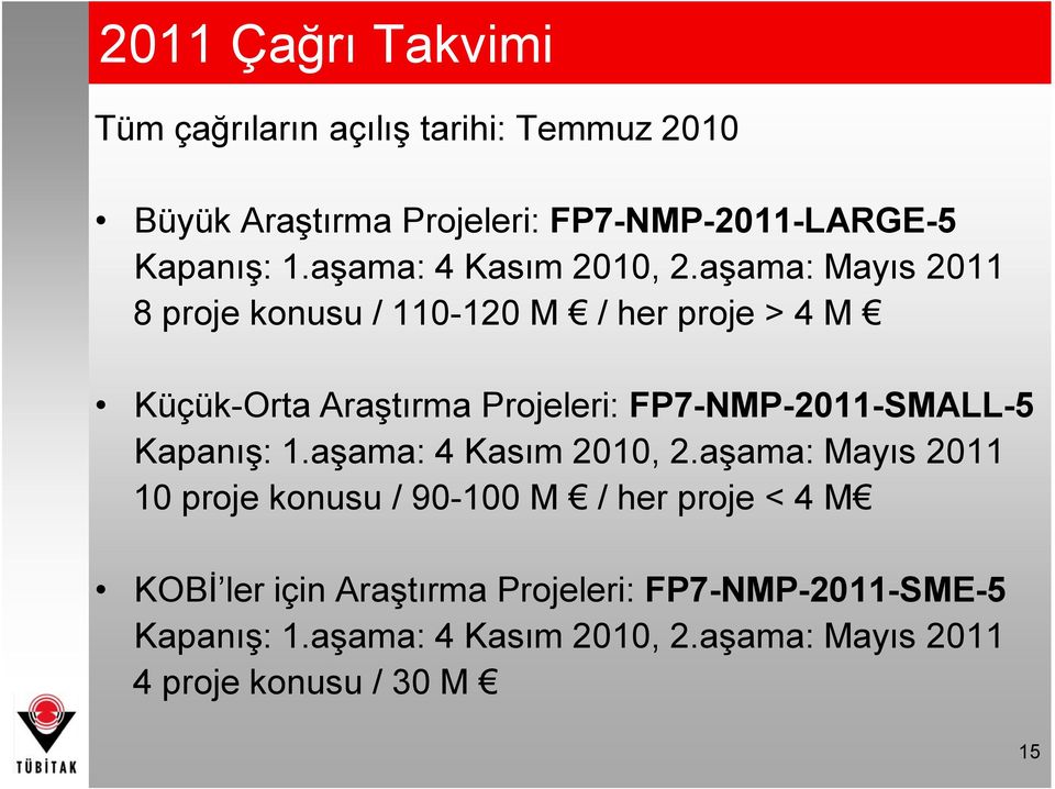 aşama: Mayıs 2011 8 proje konusu / 110-120 M / her proje > 4 M Küçük-Orta Araştırma Projeleri: FP7-NMP-2011-SMALL-5
