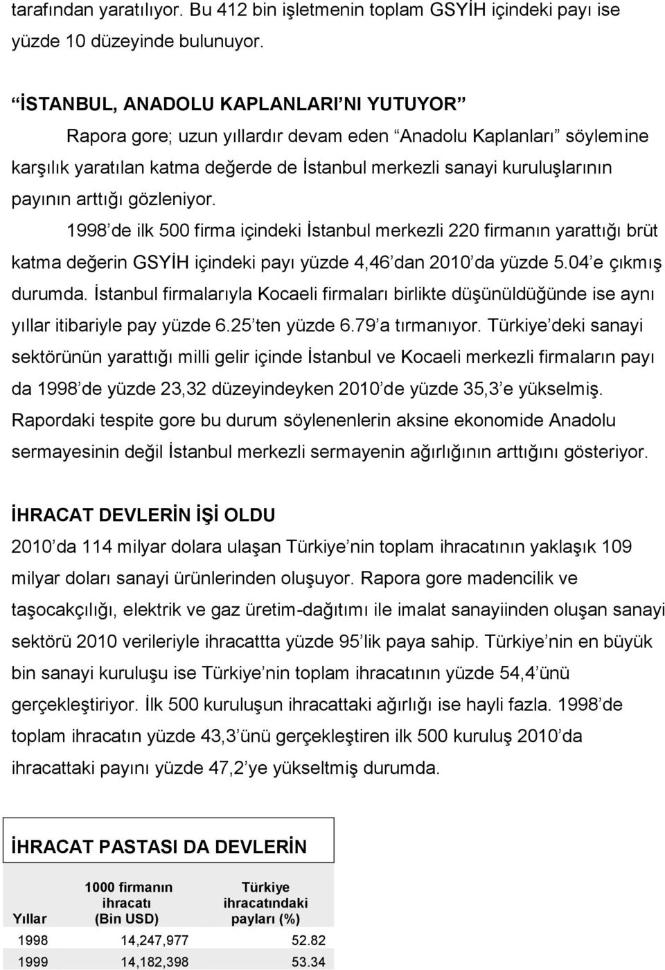 gözleniyor. 1998 de ilk 500 firma içindeki İstanbul merkezli 220 firmanın yarattığı brüt katma değerin GSYİH içindeki payı yüzde 4,46 dan 2010 da yüzde 5.04 e çıkmış durumda.