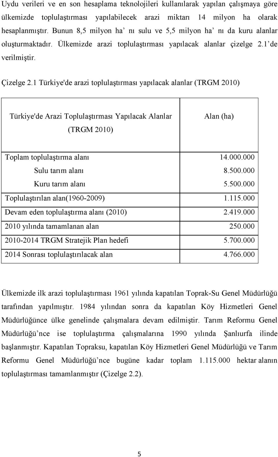 1 Türkiye'de arazi toplulaştırması yapılacak alanlar (TRGM 2010) Türkiye'de Arazi Toplulaştırması Yapılacak Alanlar (TRGM 2010) Alan (ha) Toplam toplulaştırma alanı Sulu tarım alanı Kuru tarım alanı