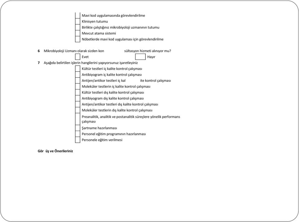 Evet Hayır 7 Aşağıda belirtilen işlerin hangilerini yapıyorsunuz işaretleyiniz Kültür testleri iç kalite kontrol çalışması Antibiyogram iç kalite kontrol çalışması Antijen/antikor testleri iç kal