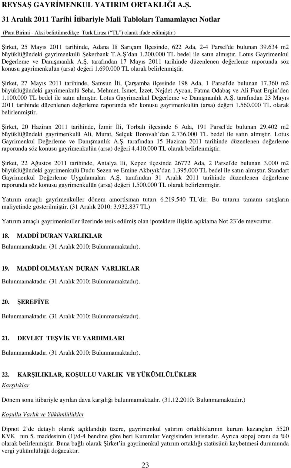 Şirket, 27 Mayıs 2011 tarihinde, Samsun Đli, Çarşamba ilçesinde 198 Ada, 1 Parsel'de bulunan 17.