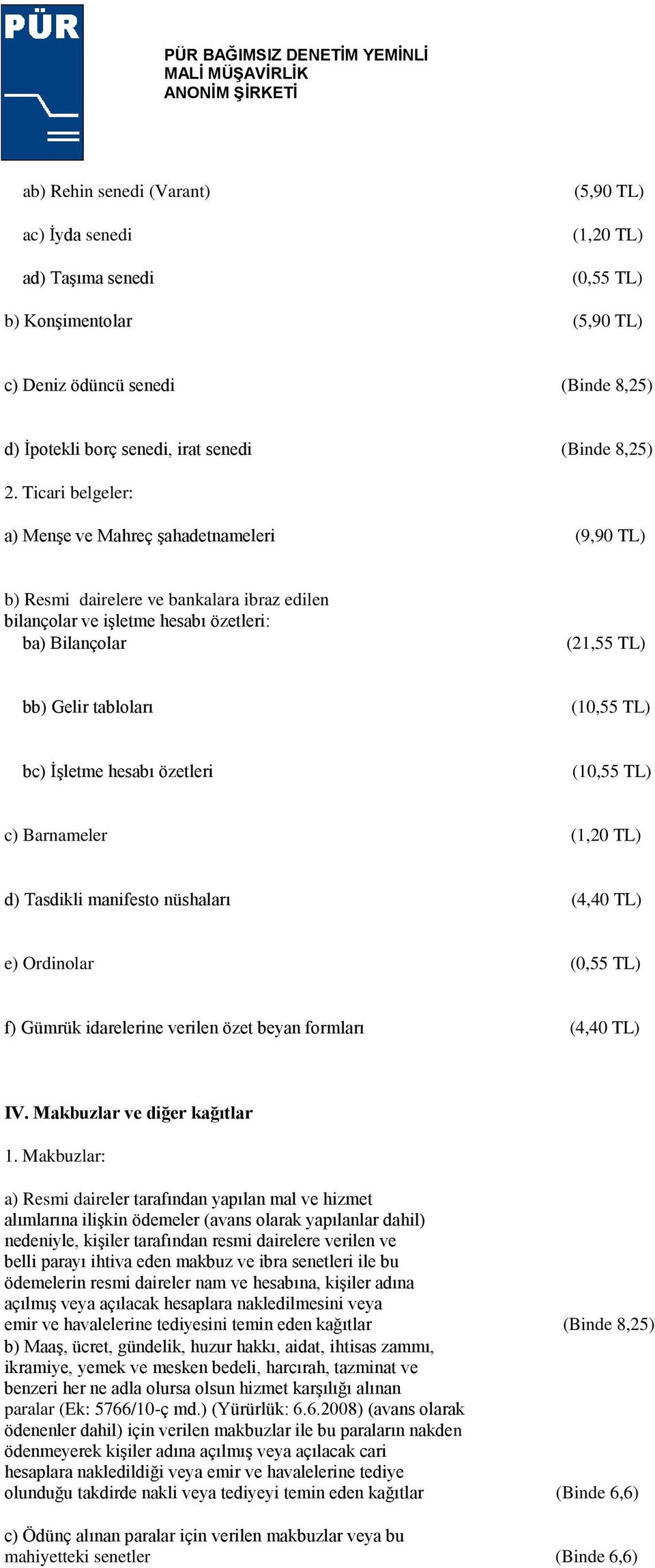 TL) bc) İşletme hesabı özetleri (10,55 TL) c) Barnameler (1,20 TL) d) Tasdikli manifesto nüshaları (4,40 TL) e) Ordinolar f) Gümrük idarelerine verilen özet beyan formları (4,40 TL) IV.