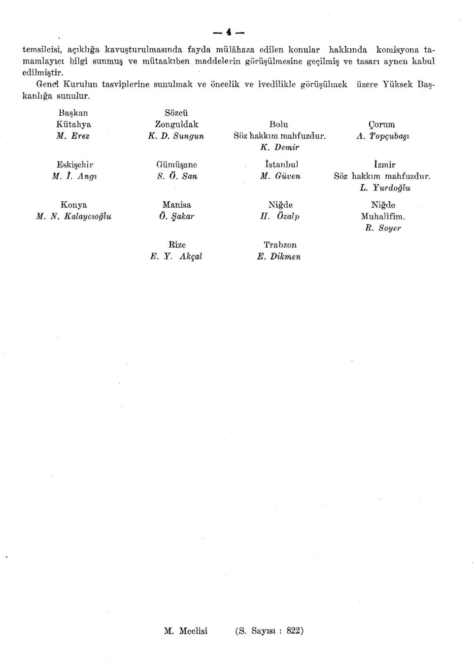 Erez Eskişehir M. 1. Angı Konya M. N, Kalayctoğlu Sözcü Zonguldak K. D. Sungun Gümüşane S. ö. San Manisa ö. Sakar Rize E. Y. Akçal Bolu Söz hakkım mahfuzdur. K. Demir istanbul M.