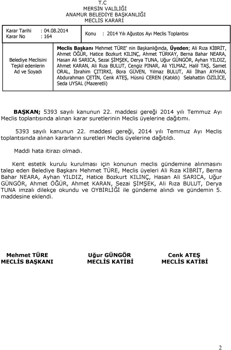 maddesi gereği, 2014 yılı Temmuz Ayı Meclis toplantısında alınan kararların suretleri Meclis üyelerine dağıtıldı. Maddi hata itirazı olmadı.