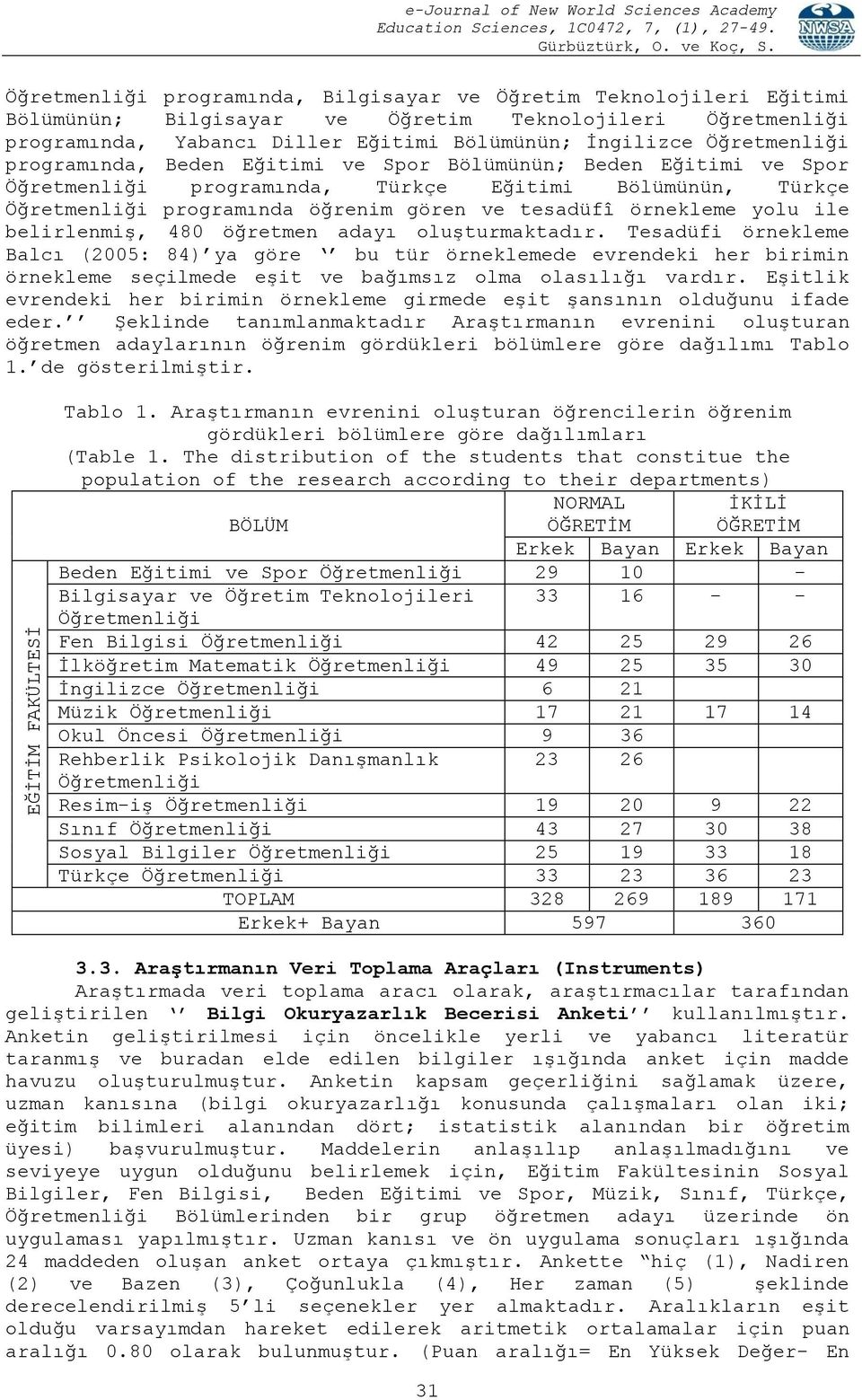 programında öğrenim gören ve tesadüfî örnekleme yolu ile belirlenmiģ, 480 öğretmen adayı oluģturmaktadır.