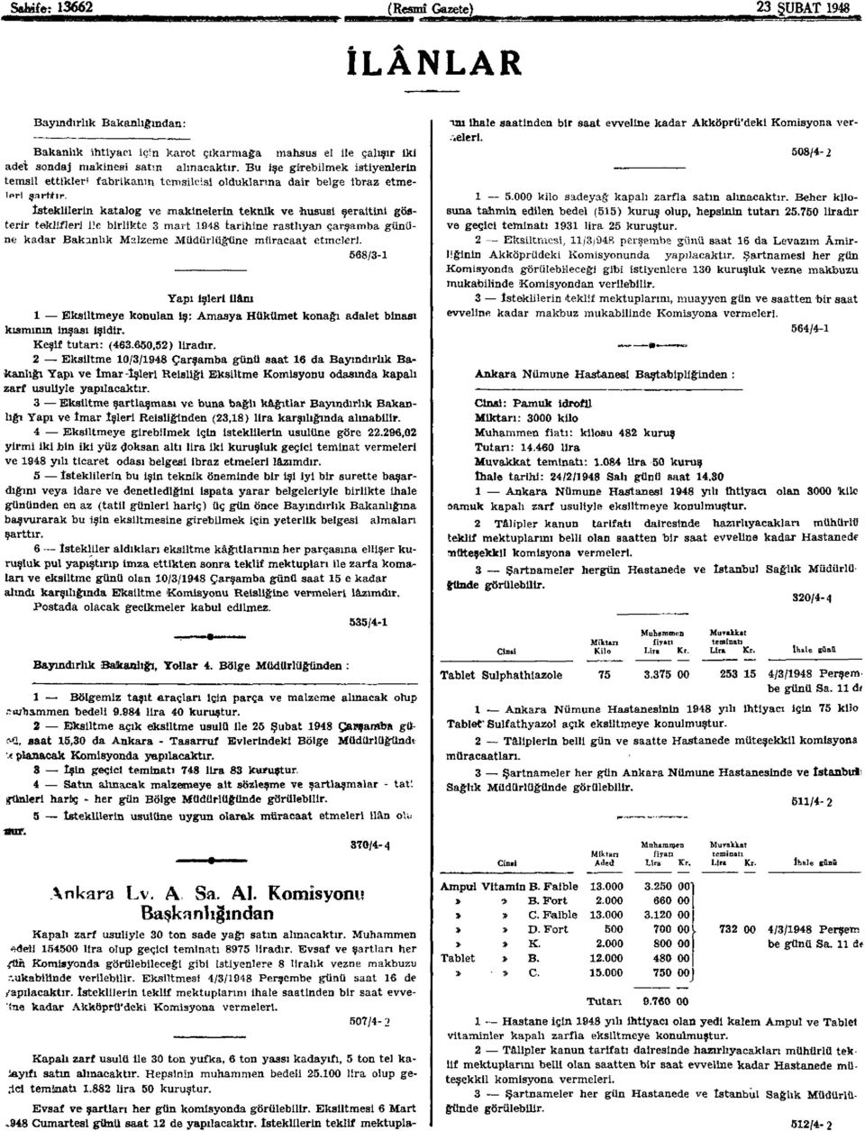 İsteklilerin katalog ve makinelerin teknik ve hususi şeraitini gösterir teklifleri ile birlikte 3 mart 1948 tarihine rastlıyan çarşamba gününe kadar Bakanlık Malzeme Müdürlüğüne müracaat etmeleri.