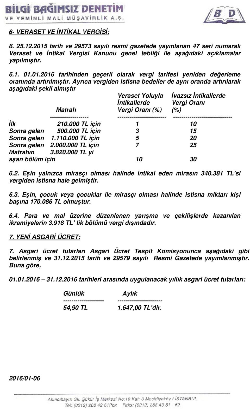 Ayrıca vergiden istisna bedeller de aynı oranda artırılarak aşağıdaki şekli almıştır Veraset Yoluyla İvazsız İntikallerde İntikallerde Vergi Oranı Matrah Vergi Oranı (%) (%) -------------------