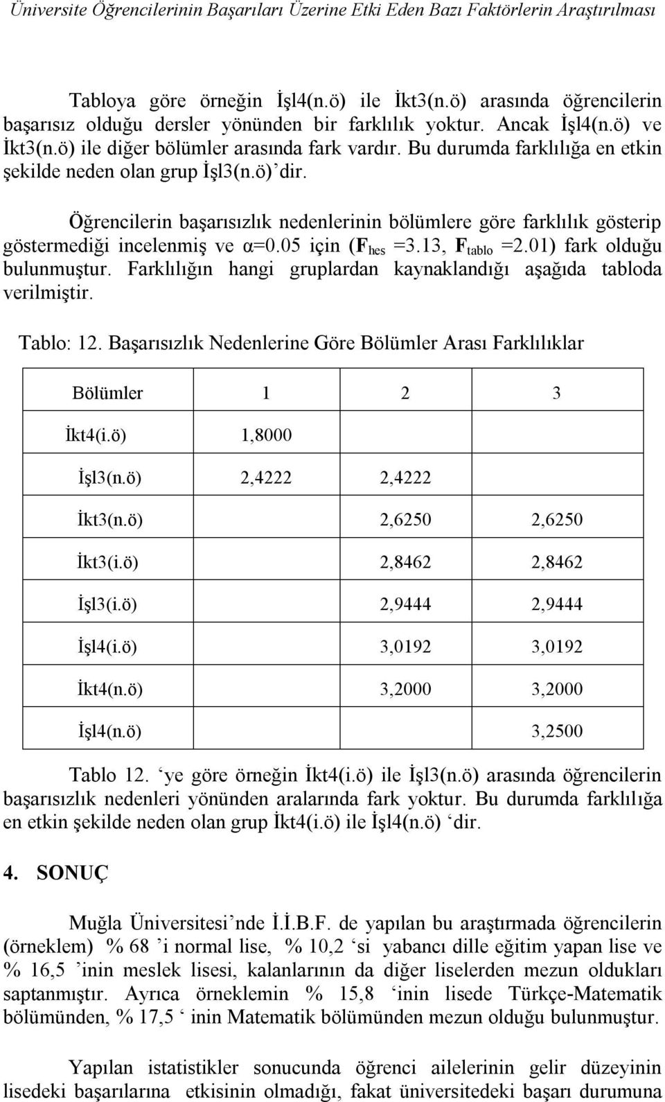 Bu durumda farklılığa en etkin şekilde neden olan grup İşl3(n.ö) dir. Öğrencilerin başarısızlık nedenlerinin bölümlere göre farklılık gösterip göstermediği incelenmiş ve α=0.05 için (F hes =3.