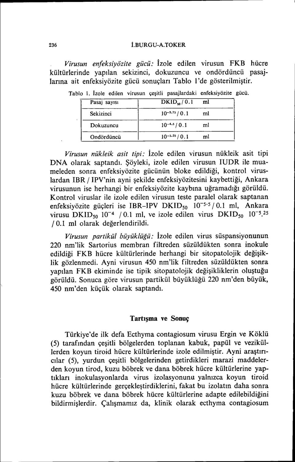 Tablo i. Izole edilen virusun çeşitli pasajlardaki enfeksiyözite gücü. Pasaj sayısı DKID 50 /0.1 ml Sekizinci 10-'.75 i 0.1 ml Dokuzuncu 10-'" i 0.1 ml Ondördüncü 10-'.25 i O.