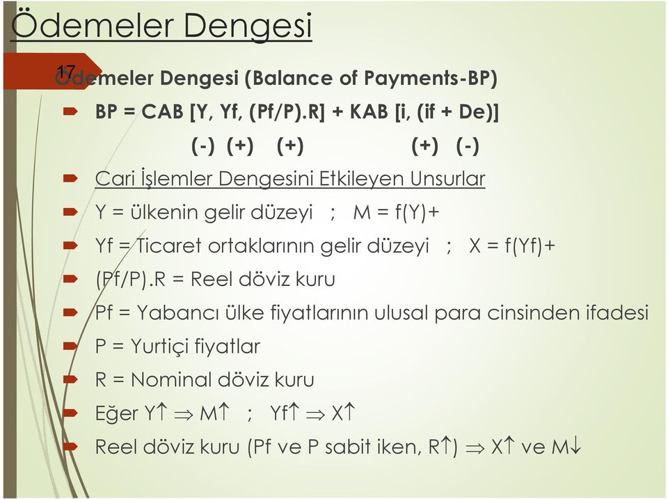 M = f(y)+ Yf = Ticaret ortaklarının gelir düzeyi ; X = f(yf)+ (Pf/P).