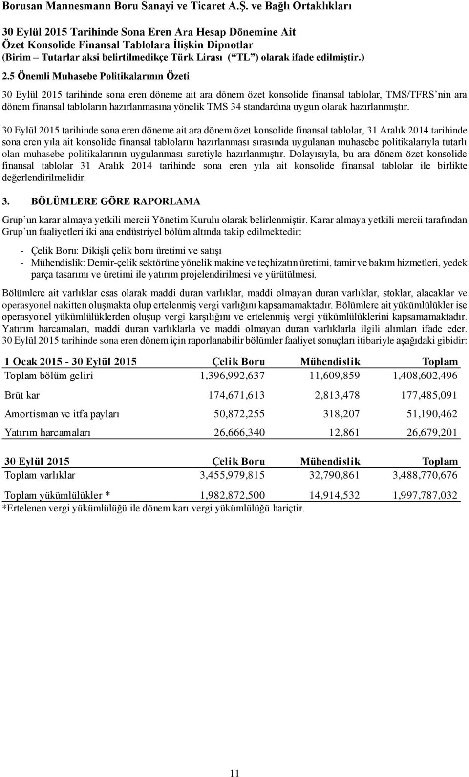 tarihinde sona eren döneme ait ara dönem özet konsolide finansal tablolar, 31 Aralık 2014 tarihinde sona eren yıla ait konsolide finansal tabloların hazırlanması sırasında uygulanan muhasebe