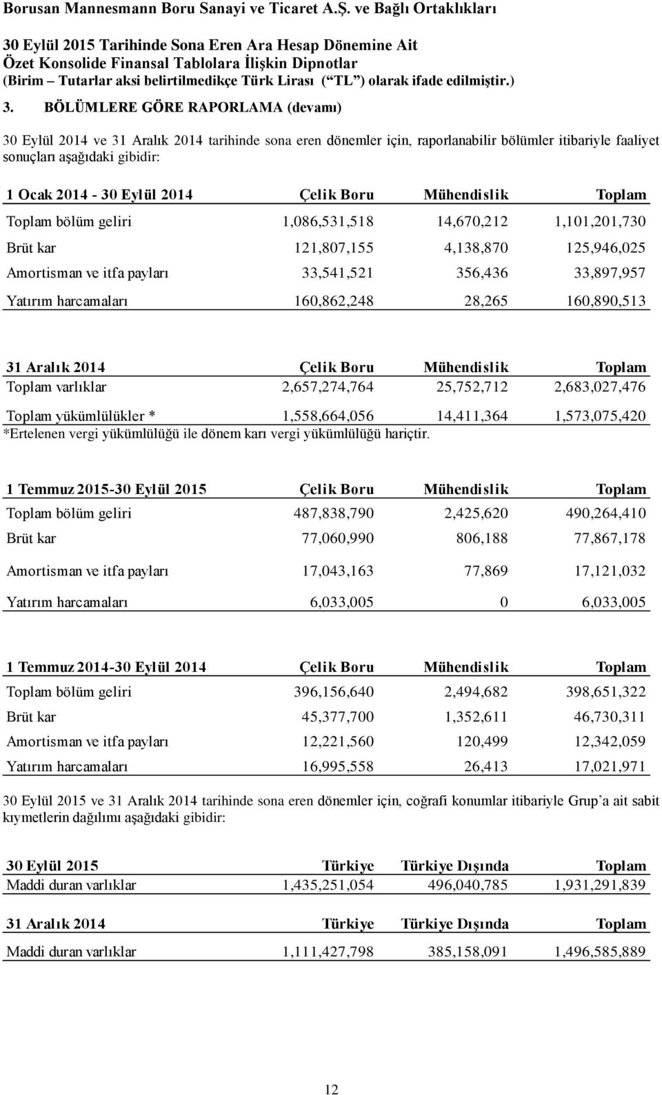 Yatırım harcamaları 160,862,248 28,265 160,890,513 31 Aralık 2014 Çelik Boru Mühendislik Toplam Toplam varlıklar 2,657,274,764 25,752,712 2,683,027,476 Toplam yükümlülükler * 1,558,664,056 14,411,364