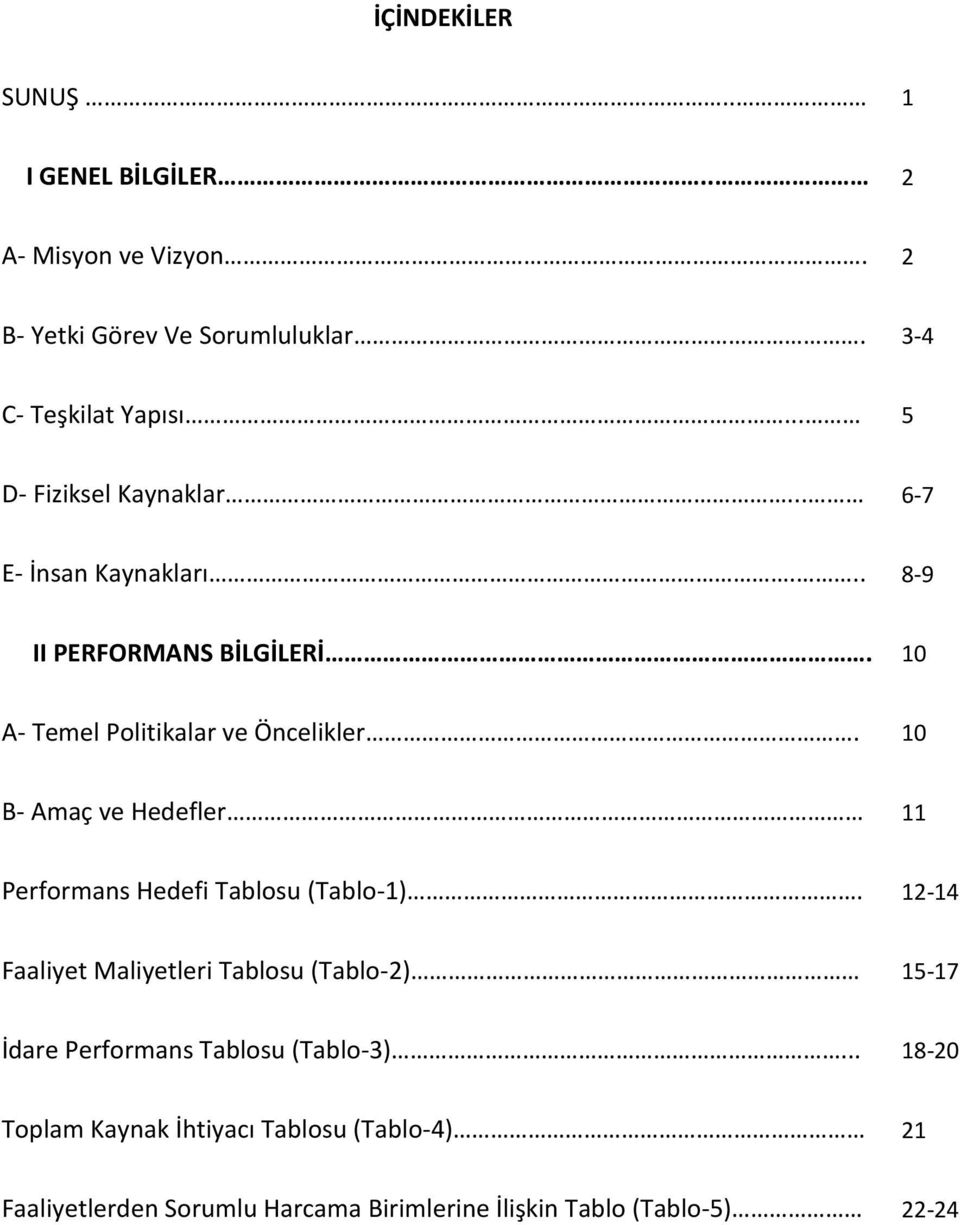 10 B- Amaç ve Hedefler 11 Performans Hedefi Tablosu (Tablo-1).