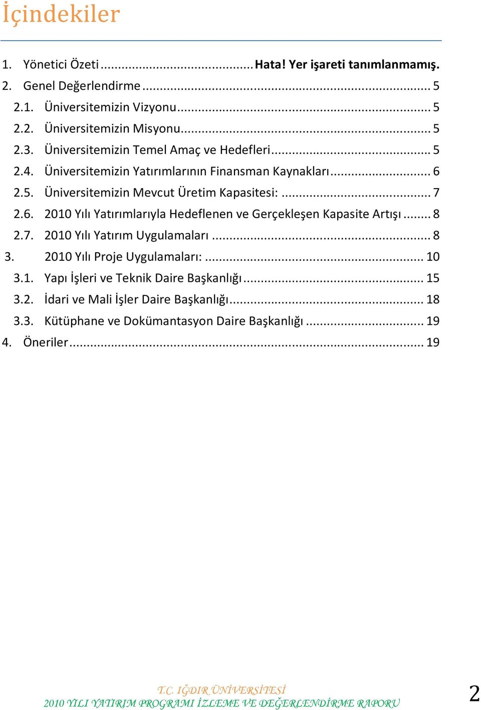 2.5. Üniversitemizin Mevcut Üretim Kapasitesi:... 7 2.6. 2010 Yılı Yatırımlarıyla Hedeflenen ve Gerçekleşen Kapasite Artışı... 8 2.7. 2010 Yılı Yatırım Uygulamaları.