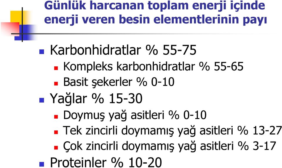 şekerler % 0-10 Yağlar % 15-30 Doymuş yağ asitleri % 0-10 Tek zincirli