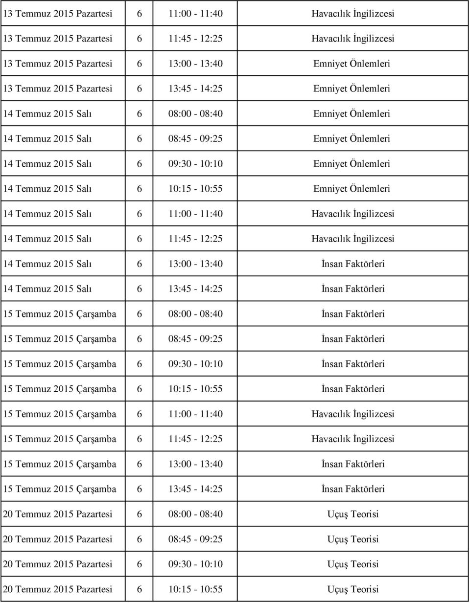 14 Temmuz 2015 Salı 6 10:15-10:55 Emniyet Önlemleri 14 Temmuz 2015 Salı 6 11:00-11:40 Havacılık İngilizcesi 14 Temmuz 2015 Salı 6 11:45-12:25 Havacılık İngilizcesi 14 Temmuz 2015 Salı 6 13:00-13:40