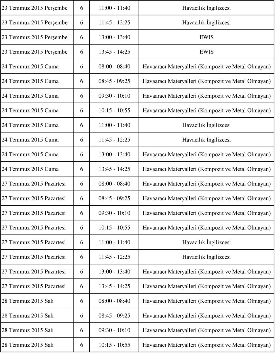 2015 Cuma 6 09:30-10:10 Havaaracı Materyalleri (Kompozit ve Metal Olmayan) 24 Temmuz 2015 Cuma 6 10:15-10:55 Havaaracı Materyalleri (Kompozit ve Metal Olmayan) 24 Temmuz 2015 Cuma 6 11:00-11:40