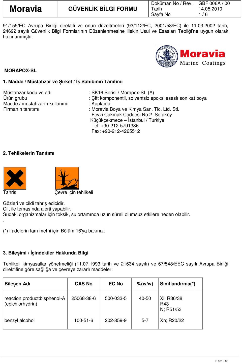 Madde / Müstahzar ve Șirket / İș Sahibinin Tanıtımı Müstahzar kodu ve adı Ürün grubu Madde / müstahzarın kullanımı Firmanın tanıtımı : SK16 Serisi / Morapox-SL (A) : Çift komponentli, solventsiz