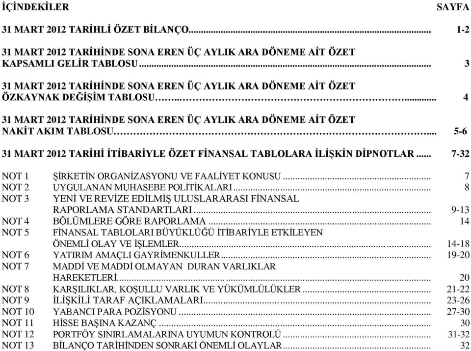 .. 9-13 NOT 4 BÖLÜMLERE GÖRE RAPORLAMA... 14 NOT 5 FİNANSAL TABLOLARI BÜYÜKLÜĞÜ İTİBARİYLE ETKİLEYEN ÖNEMLİ OLAY VE İŞLEMLER...... 14-18 NOT 6 YATIRIM AMAÇLI GAYRİMENKULLER.