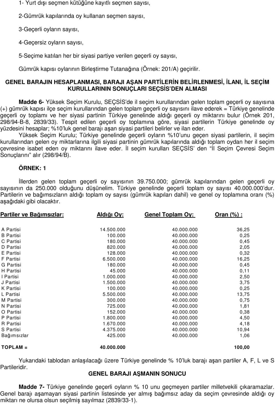 GENEL BARAJIN HESAPLANMASI, BARAJI AŞAN PARTİLERİN BELİRLENMESİ, İLANI, İL SEÇİM KURULLARININ SONUÇLARI SEÇSİS DEN ALMASI Madde 6- Yüksek Seçim Kurulu, SEÇSİS de il seçim kurullarından gelen toplam