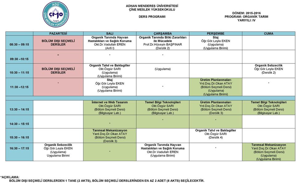 Doç.Dr.Okan ATAY Temel Bilgi Teknolojileri 14:30 15:15 16:30 17:15 Organik Sebzecilik Uygulama Birimi Tarımsal Mekanizasyon Yard.Doç.Dr.Okan ATAY Organik Tarımda Hayvan Hastalıkları ve Sağlık Koruma Okt.