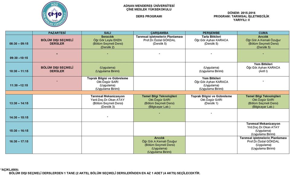 Okan ATAY Temel Bilgi Teknolojileri Toprak Bilgisi ve Gübreleme Temel Bilgi Teknolojileri 14:30 15:15 16:30 17:15 Arıcılık Öğr.Gör.