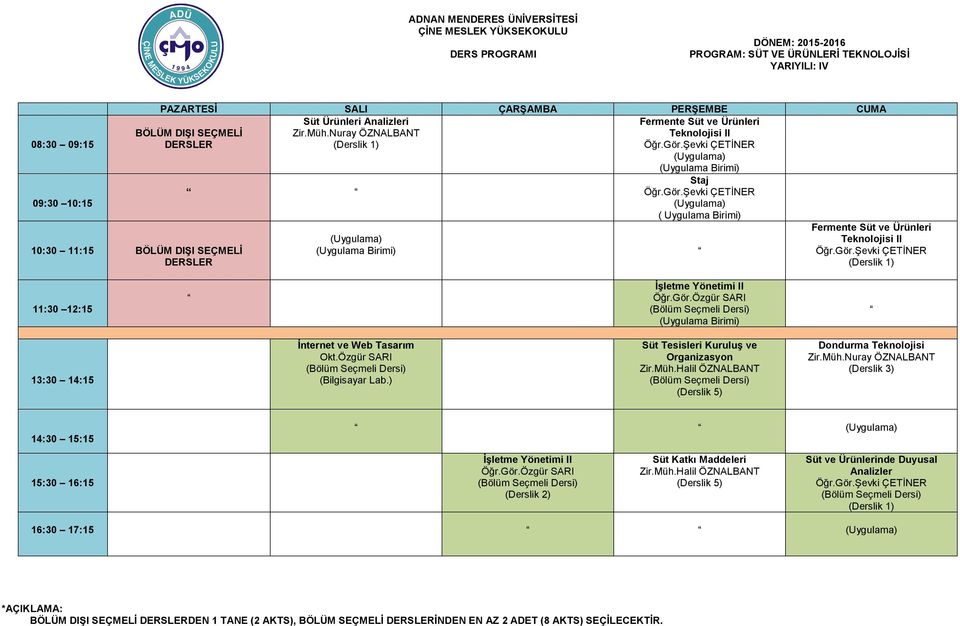 Özgür SARI İnternet ve Web Tasarım Süt Tesisleri Kuruluş ve Organizasyon Zir.Müh.Halil ÖZNALBANT Dondurma Teknolojisi Zir.Müh.Nuray ÖZNALBANT 14:30 15:15 İşletme Yönetimi II Öğr.